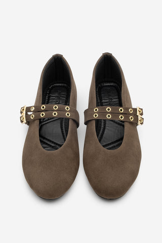 Kadın Çift Bantlı Babet Bekosa - Kahve Süet