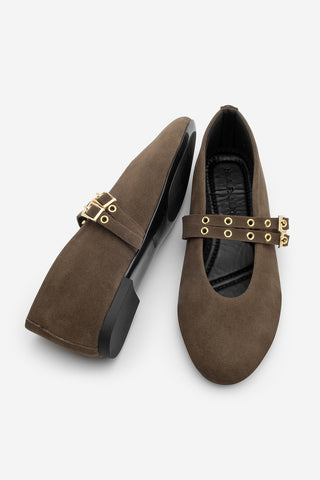 Kadın Çift Bantlı Babet Bekosa - Kahve Süet