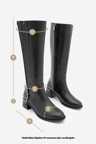 Kadın Fermuar Aksesuarlı Topuklu Çizme Aneka - Siyah