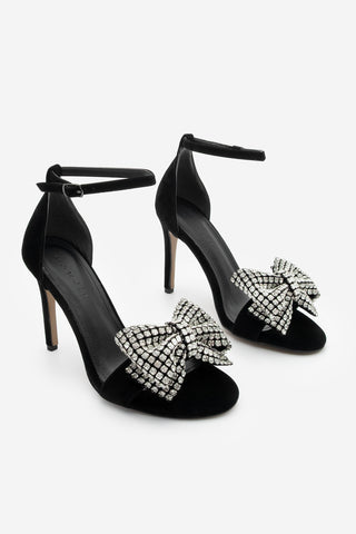 Kadın Fiyonklu Taşlı Topuklu Sandalet Belven - Siyah Süet