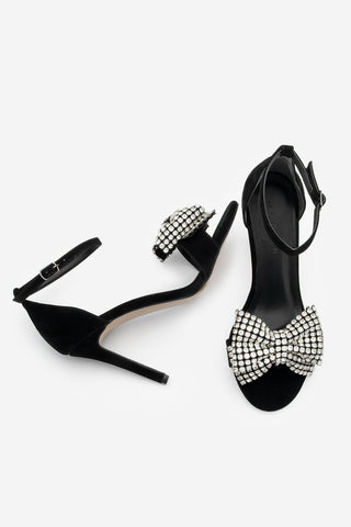 Kadın Fiyonklu Taşlı Topuklu Sandalet Belven - Siyah Süet