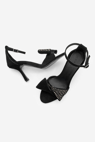 Kadın Fiyonklu Topuklu Sandalet Tevole - Siyah Süet