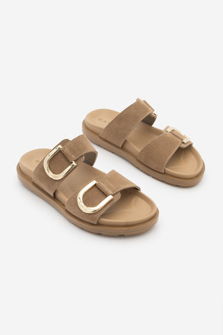 Kadın Hakiki Deri Tokalı Günlük Terlik Merpe - Camel Süet