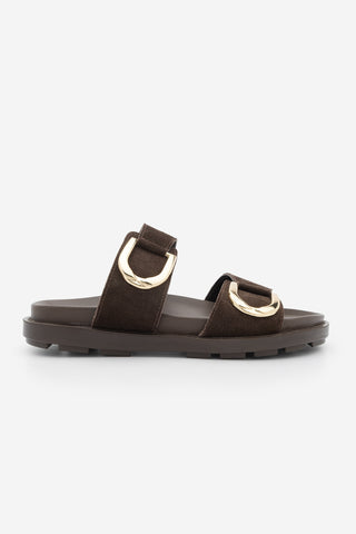 Kadın Hakiki Deri Tokalı Günlük Terlik Merpe - Kahve Süet