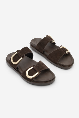 Kadın Hakiki Deri Tokalı Günlük Terlik Merpe - Kahve Süet