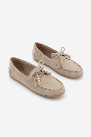 Kadın Hakiki Deri Boncuklu Loafer Günlük Ayakkabı Milton - Bej Süet