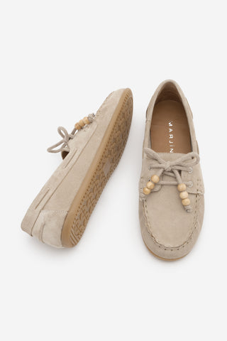 Kadın Hakiki Deri Boncuklu Loafer Günlük Ayakkabı Milton - Bej Süet