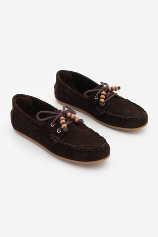 Kadın Hakiki Deri Boncuklu Loafer Günlük Ayakkabı Milton - Kahve Süet