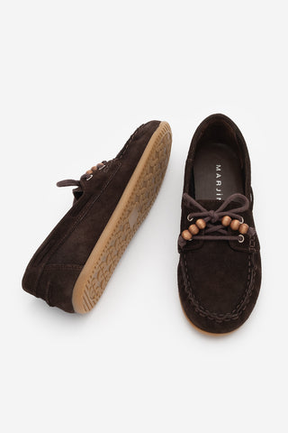 Kadın Hakiki Deri Boncuklu Loafer Günlük Ayakkabı Milton - Kahve Süet