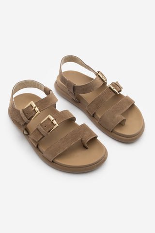 Kadın Hakiki Deri Bantlı Günlük Sandalet Dezit - Camel Süet