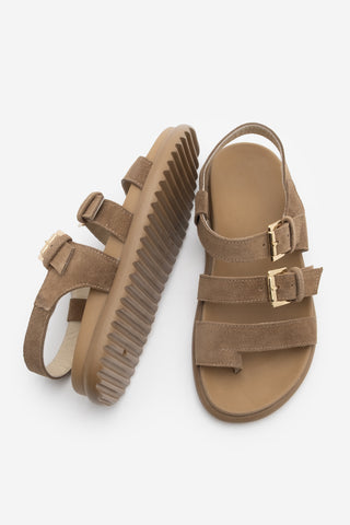 Kadın Hakiki Deri Bantlı Günlük Sandalet Dezit - Camel Süet