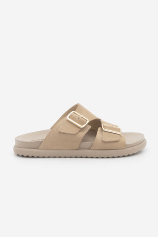 Kadın Hakiki Deri Çift Bantlı Günlük Terlik Dorsin - Bej Süet