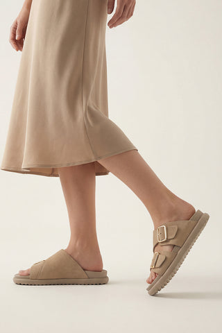 Kadın Hakiki Deri Çift Bantlı Günlük Terlik Dorsin - Bej Süet