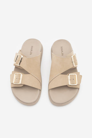 Kadın Hakiki Deri Çift Bantlı Günlük Terlik Dorsin - Bej Süet