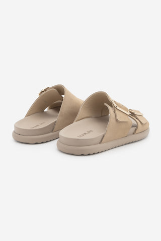 Kadın Hakiki Deri Çift Bantlı Günlük Terlik Dorsin - Bej Süet