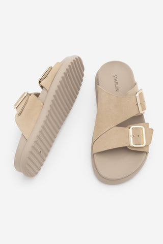 Kadın Hakiki Deri Çift Bantlı Günlük Terlik Dorsin - Bej Süet