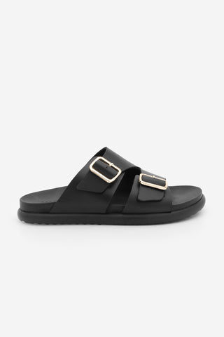 Kadın Hakiki Deri Çift Bantlı Günlük Terlik Dorsin - Siyah