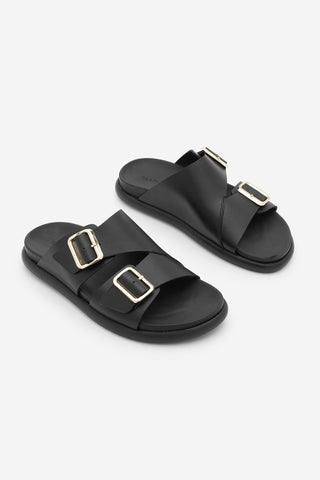 Kadın Hakiki Deri Çift Bantlı Günlük Terlik Dorsin - Siyah