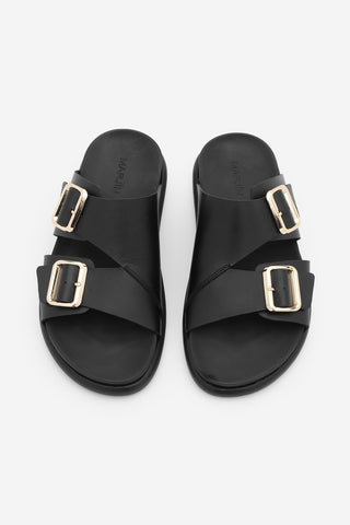 Kadın Hakiki Deri Çift Bantlı Günlük Terlik Dorsin - Siyah