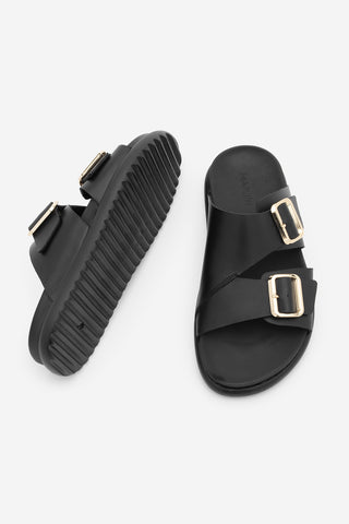 Kadın Hakiki Deri Çift Bantlı Günlük Terlik Dorsin - Siyah