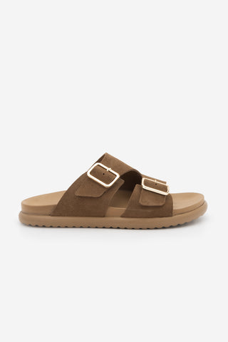 Kadın Hakiki Deri Çift Bantlı Günlük Terlik Dorsin - Taba Süet