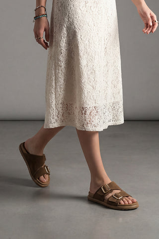 Kadın Hakiki Deri Çift Bantlı Günlük Terlik Dorsin - Taba Süet