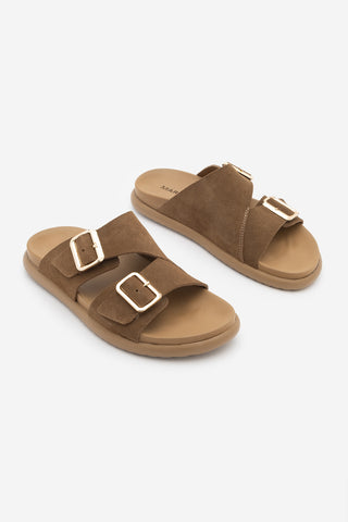 Kadın Hakiki Deri Çift Bantlı Günlük Terlik Dorsin - Taba Süet