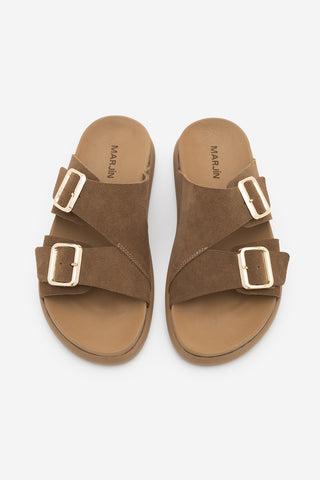 Kadın Hakiki Deri Çift Bantlı Günlük Terlik Dorsin - Taba Süet