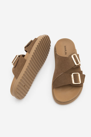 Kadın Hakiki Deri Çift Bantlı Günlük Terlik Dorsin - Taba Süet