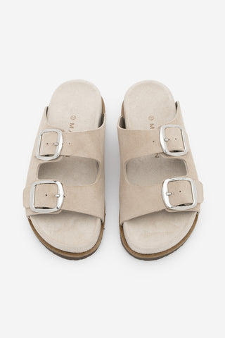 Kadın Hakiki Deri Çift Bantlı Günlük Terlik Melka - Bej Süet