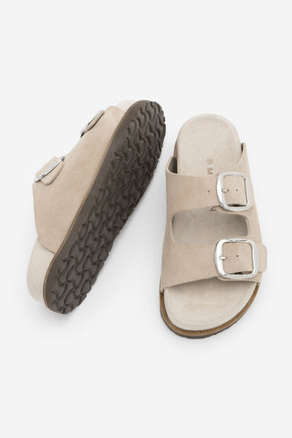 Kadın Hakiki Deri Çift Bantlı Günlük Terlik Melka - Bej Süet