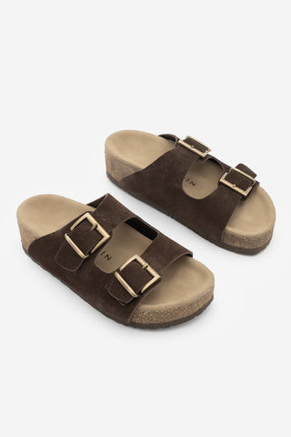 Kadın Hakiki Deri Çift Bantlı Günlük Terlik Digoza - Kahve Süet