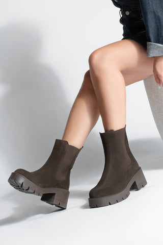 Kadın Hakiki Deri Kalın Topuklu Günlük Bot Viper - Kahve Süet