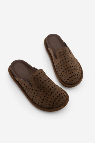 Kadın Hakiki Deri Delikli Sabo Günlük Terlik Yofin - Kahve Süet