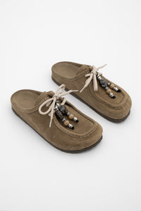 Kadın Hakiki Deri Eva Taban Boncuklu Sabo Günlük Terlik Nosela - Toprak Süet