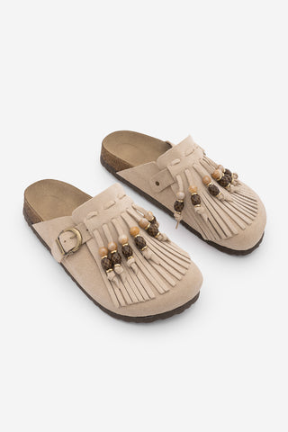 Kadın Hakiki Deri Eva Taban Boncuklu Püsküllü Sabo Günlük Terlik Serloz - Bej Süet