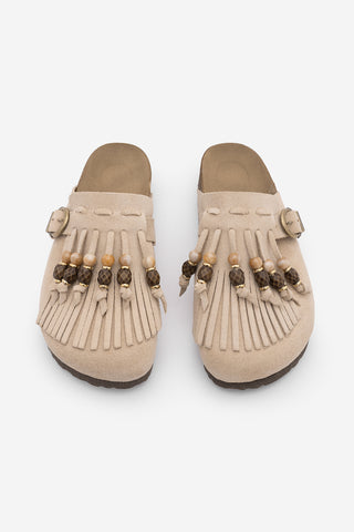 Kadın Hakiki Deri Eva Taban Boncuklu Püsküllü Sabo Günlük Terlik Serloz - Bej Süet