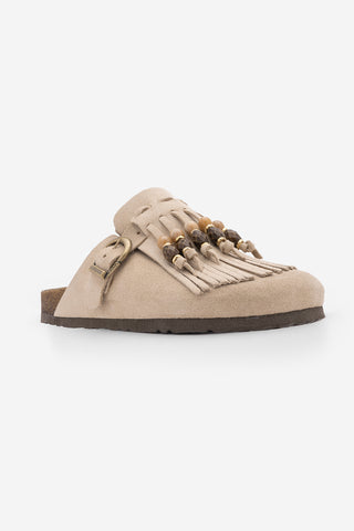Kadın Hakiki Deri Eva Taban Boncuklu Püsküllü Sabo Günlük Terlik Serloz - Bej Süet