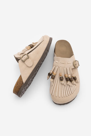 Kadın Hakiki Deri Eva Taban Boncuklu Püsküllü Sabo Günlük Terlik Serloz - Bej Süet