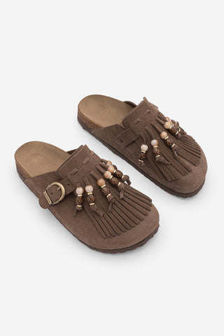 Kadın Hakiki Deri Eva Taban Boncuklu Püsküllü Sabo Günlük Terlik Serloz - Kahve Süet