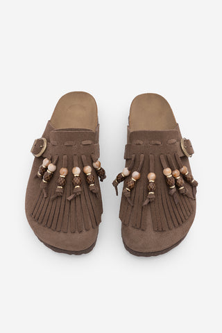 Kadın Hakiki Deri Eva Taban Boncuklu Püsküllü Sabo Günlük Terlik Serloz - Kahve Süet
