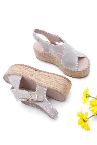 Kadın Hakiki Deri Dolgu Topuk Espadril Sandalet Takres - Bej Süet