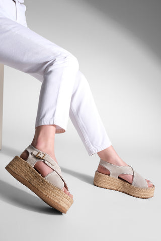 Kadın Hakiki Deri Dolgu Topuk Espadril Sandalet Takres - Bej Süet