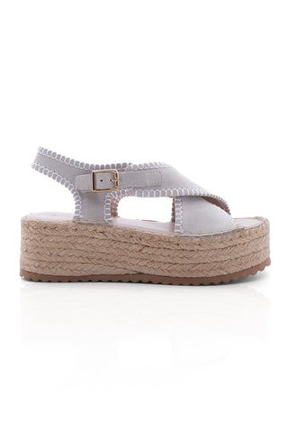 Kadın Hakiki Deri Dolgu Topuk Espadril Sandalet Takres - Bej Süet