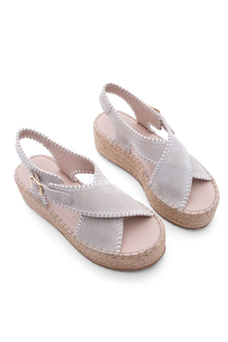 Kadın Hakiki Deri Dolgu Topuk Espadril Sandalet Takres - Bej Süet