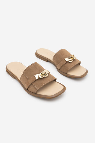 Kadın Hakiki Deri Tokalı Günlük Terlik Sivera - Camel Süet