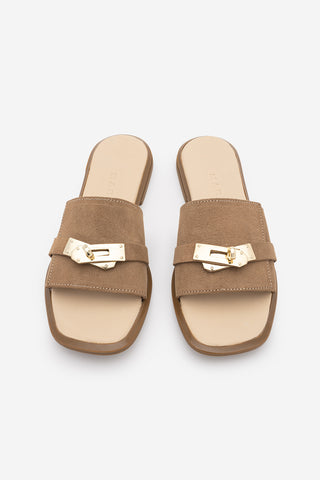 Kadın Hakiki Deri Tokalı Günlük Terlik Sivera - Camel Süet