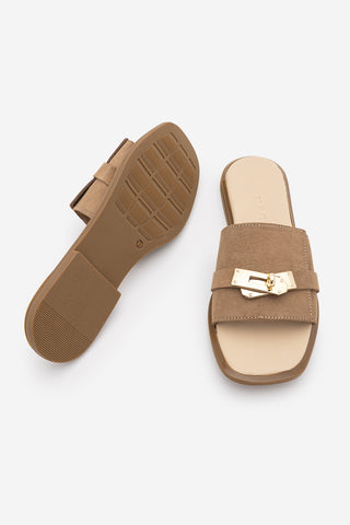 Kadın Hakiki Deri Tokalı Günlük Terlik Sivera - Camel Süet