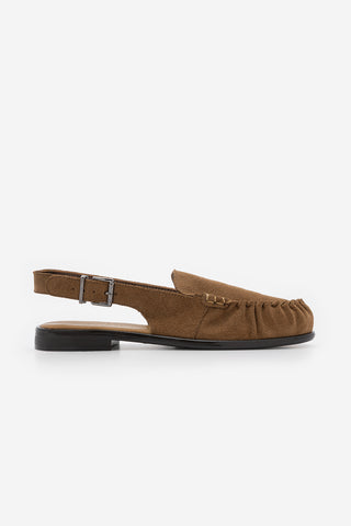 Kadın Hakiki Deri Önü Kapalı Büzgülü Loafer Günlük Sandalet Barseli - Camel Süet