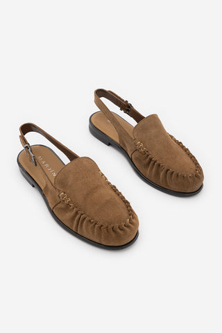 Kadın Hakiki Deri Önü Kapalı Büzgülü Loafer Günlük Sandalet Barseli - Camel Süet